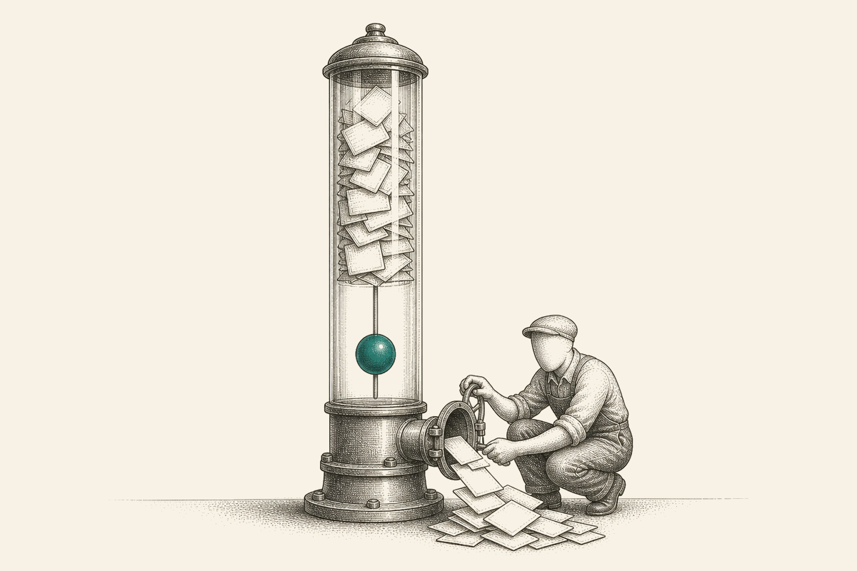 A faceless technician drains blank cards from a glass level instrument while one teal float rests at the lower reading.