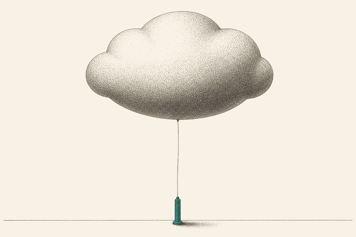 A huge stippled cloud balloon tethered by a thread to a small teal gauge on the ground far below.