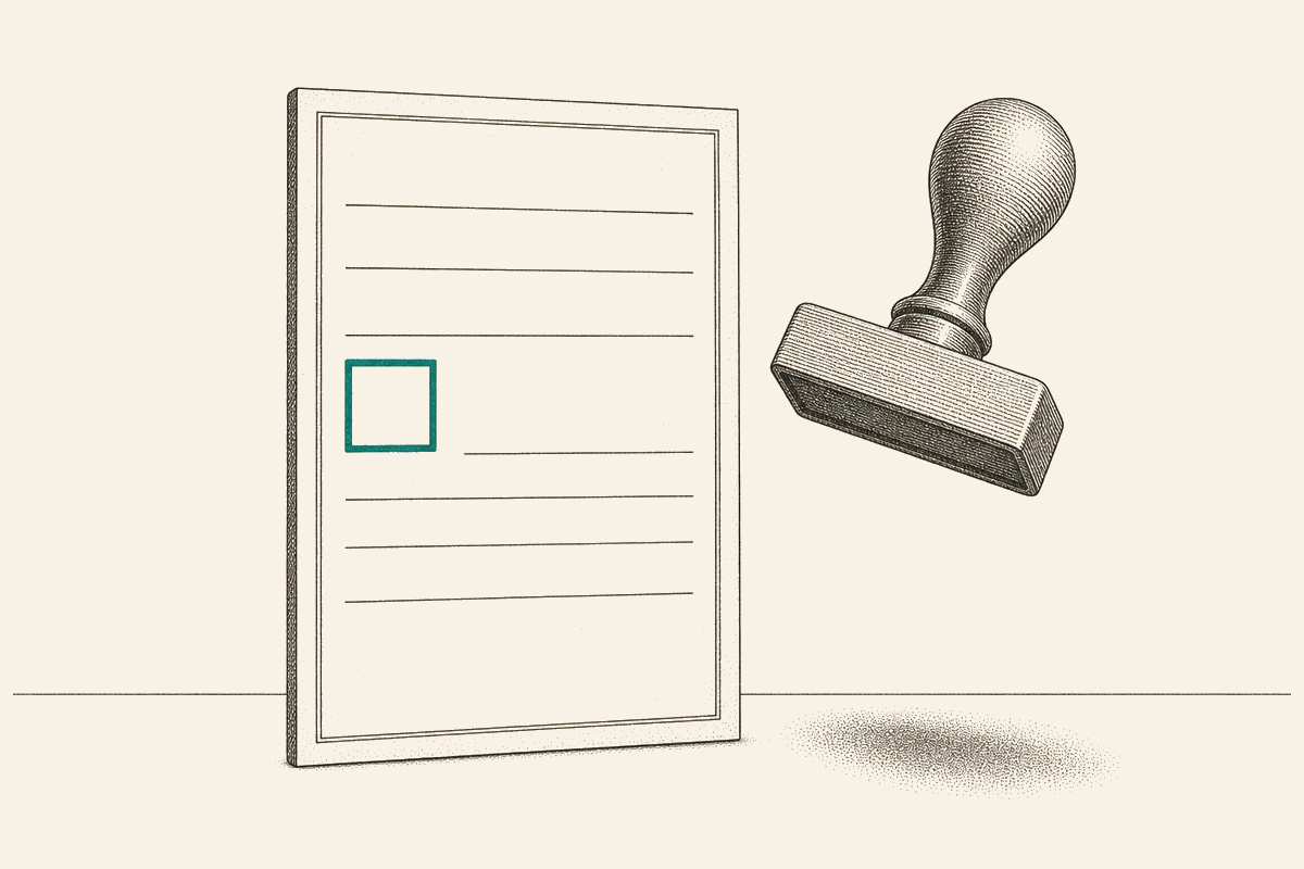 An official form with one empty teal checkbox and a rubber stamp hovering beside it, un-inked.