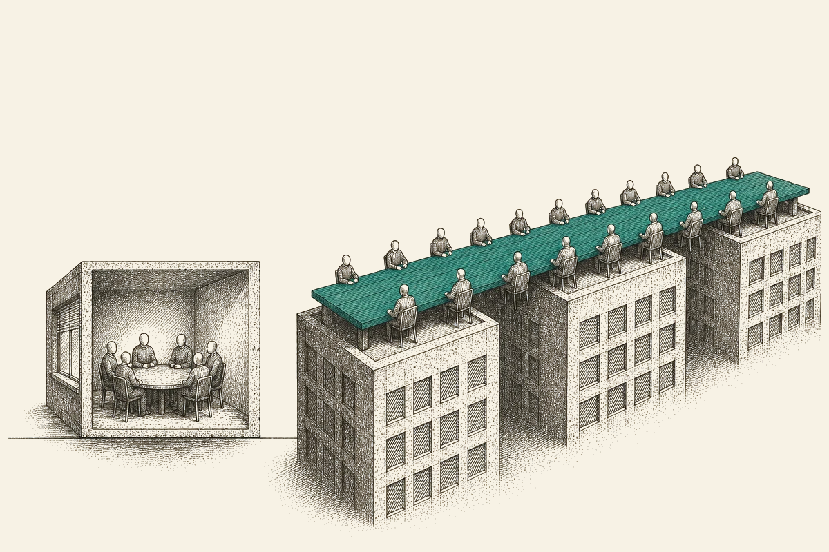A small round table inside one office beside a long teal table bridging the rooftops of several buildings.