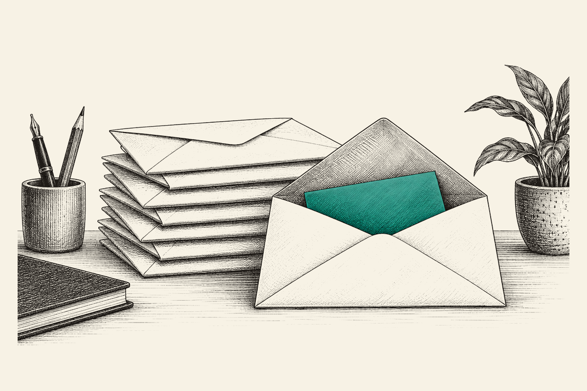 An open envelope reveals a teal slip beside a stack of closed envelopes.
