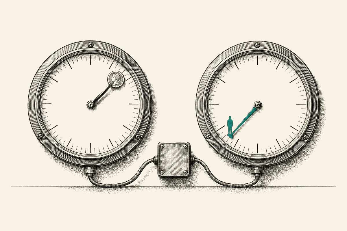 Two identical gauges wired to one box; a coin-tipped needle points high, the teal figure-tipped needle points low.