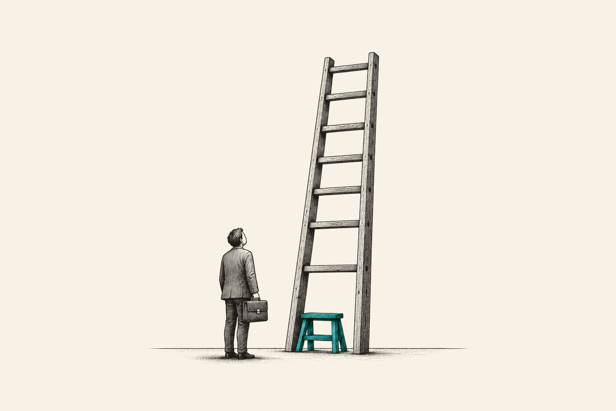 A person with a briefcase faces a ladder with an unusually high first rung. A small teal step stool sits beneath it.