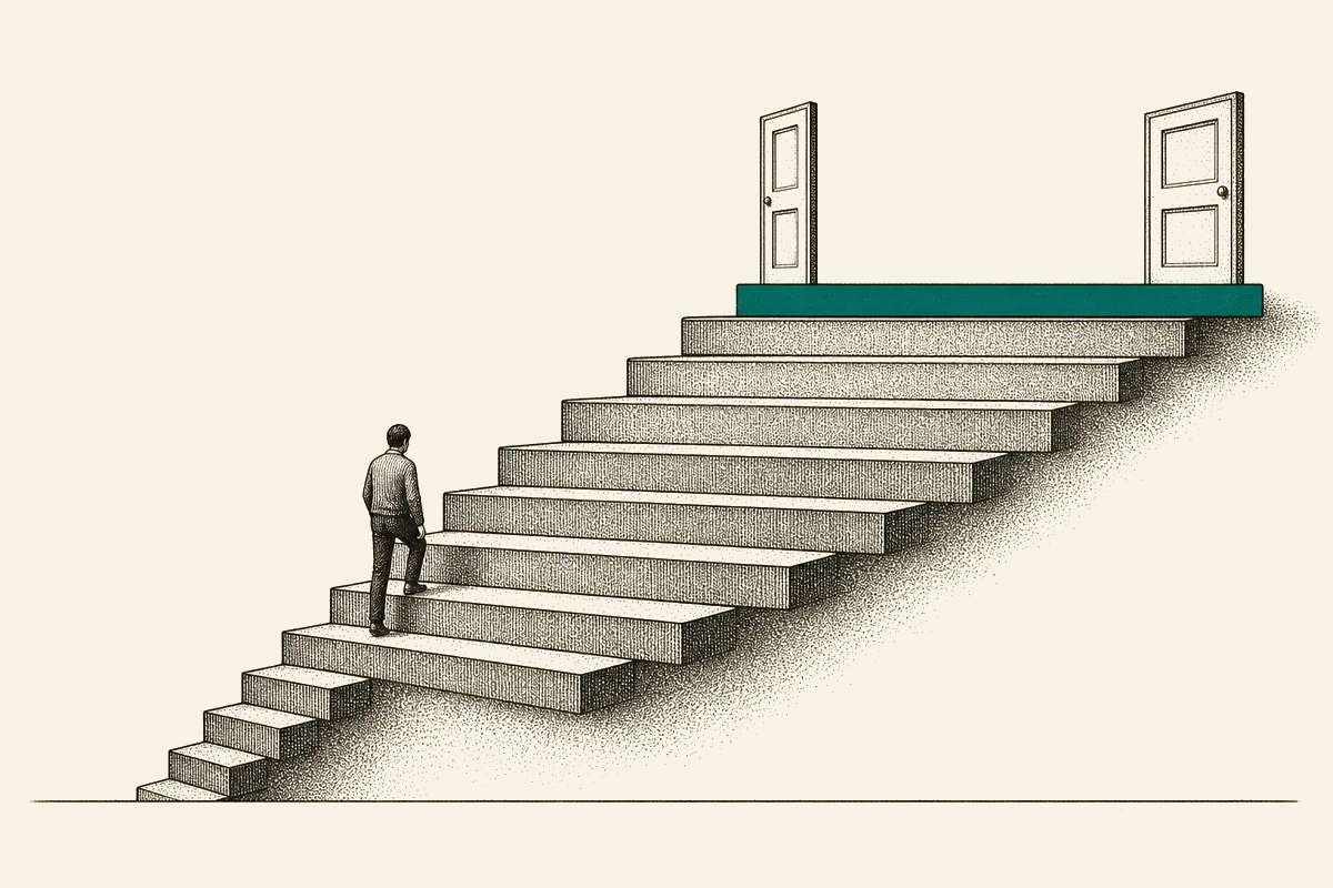 A staircase of lengthening steps climbing to a teal landing between two doors of different widths, a figure climbing.
