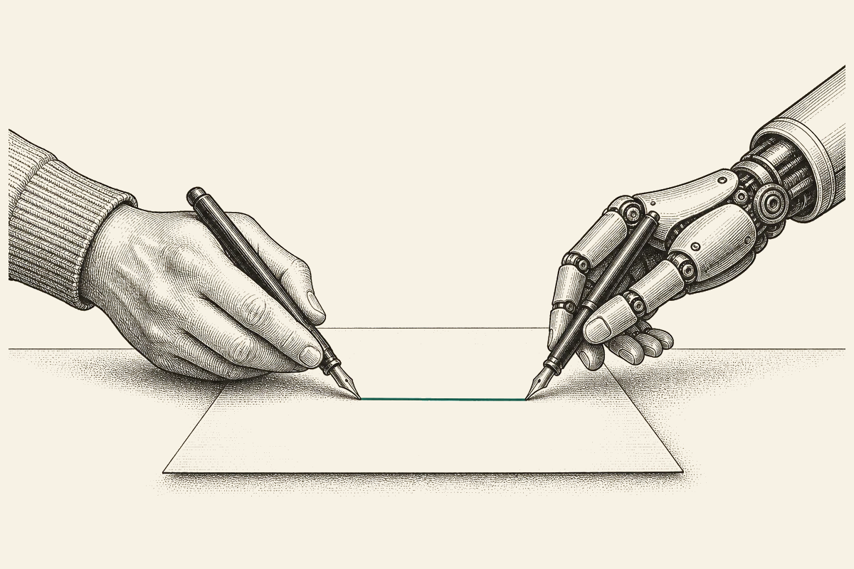 A human hand and a mechanical robot arm signing one sheet, their pens meeting on a shared teal line.