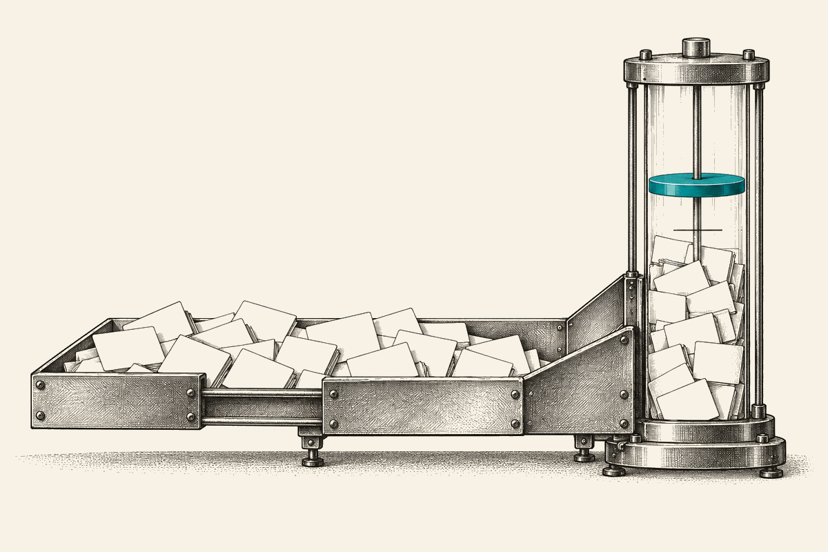An expanded metal tray of blank job cards feeds a glass measuring column with one teal float above an earlier level.