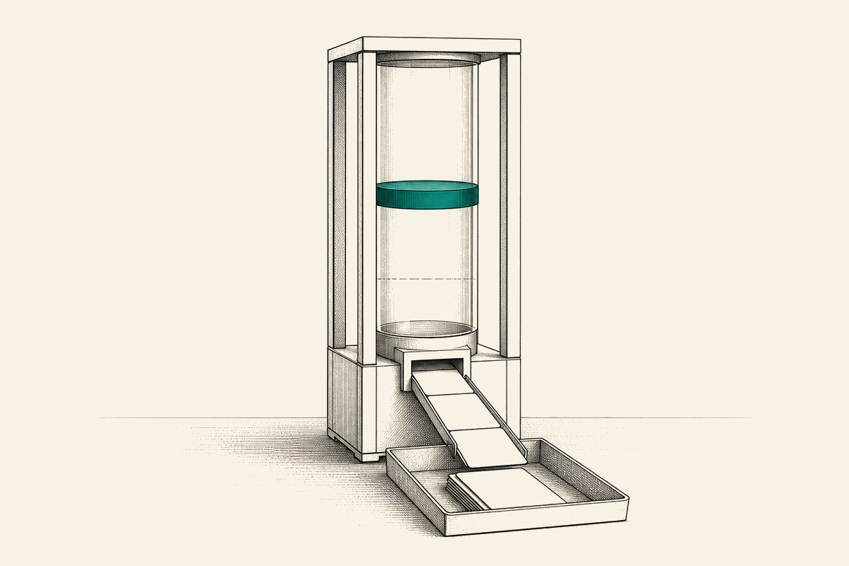 A modern measuring column with blank job cards sliding into a tray while one teal float sits above an earlier level.