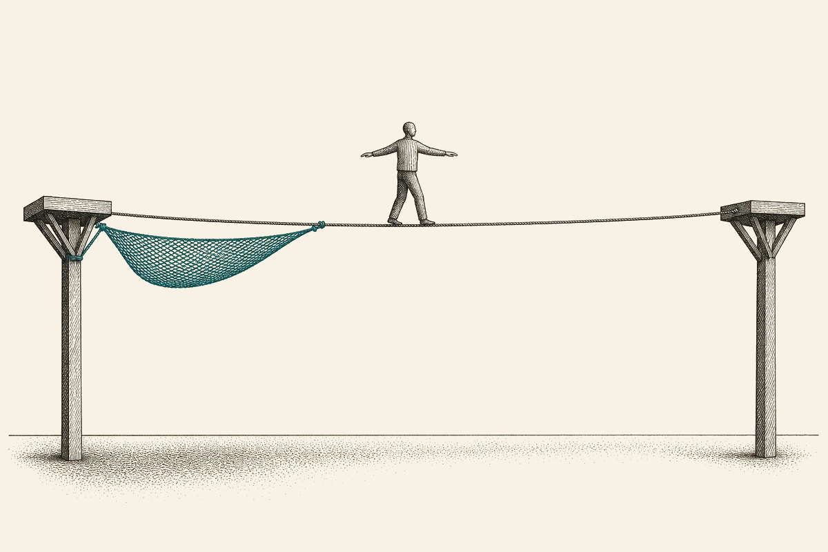 A figure balancing on a tightrope between two posts, a short teal safety net under only the near end.