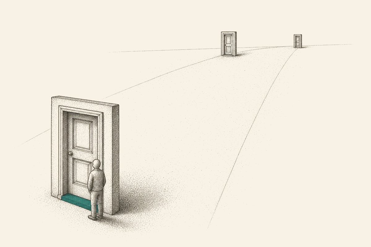 Three doorways, two far down an empty street and one near the viewer with a teal threshold where a figure hesitates.