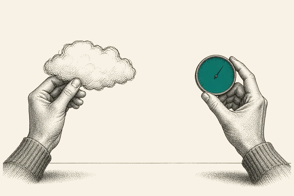 Two hands, one holding a loose hand-drawn cloud, the other a small teal gauge.