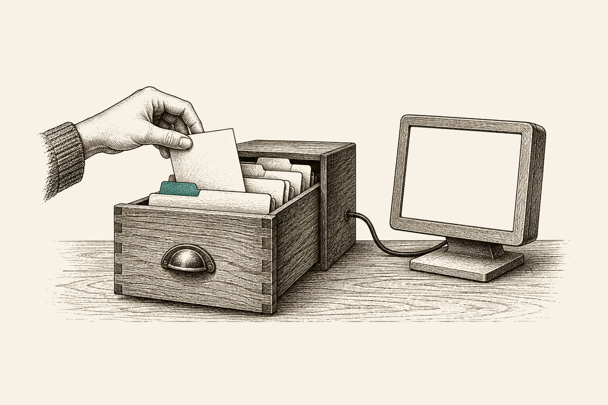 An engraved desktop computer beside an open filing drawer, with one teal folder tab.